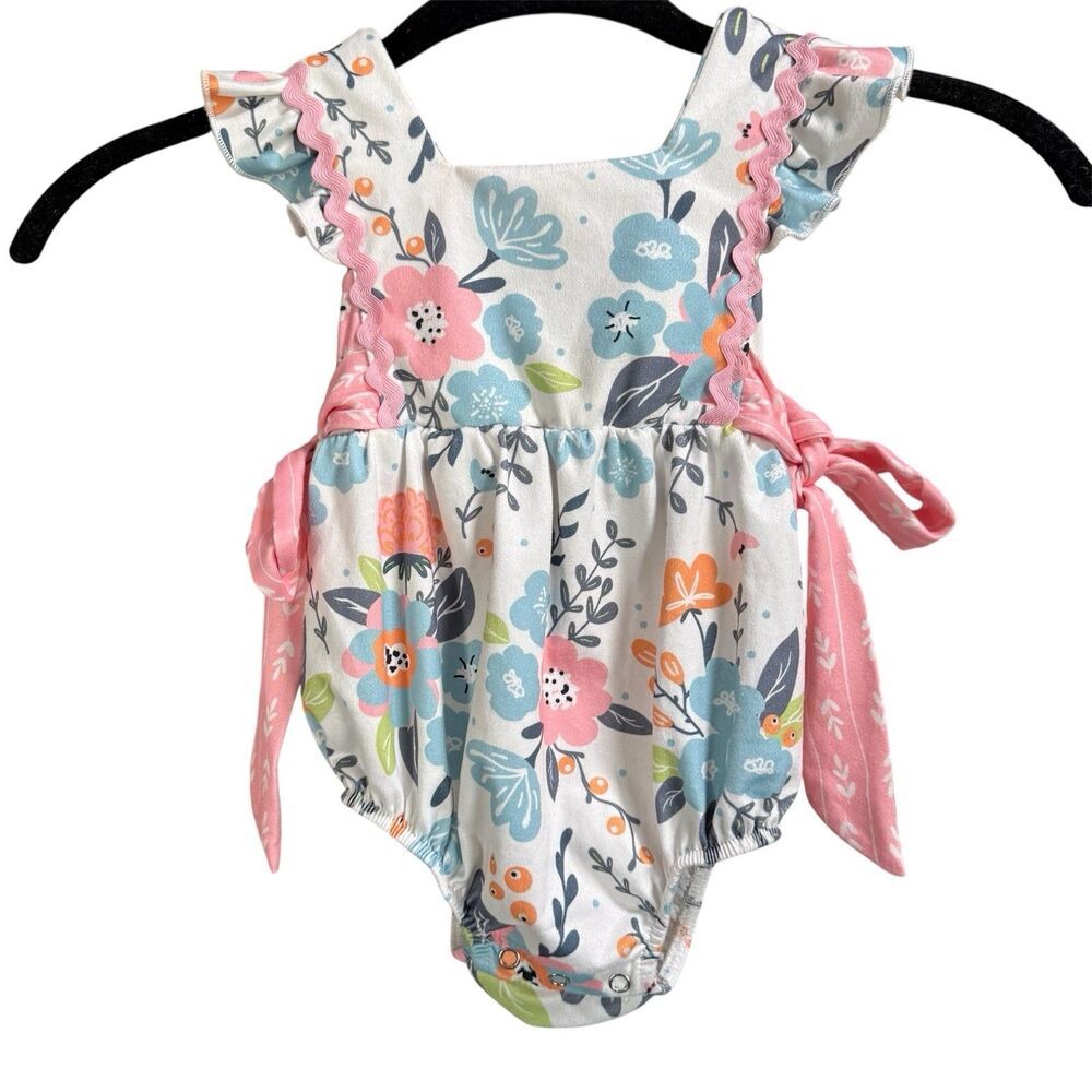 Marie Nicole Baby Floral Romper Size 6–12M Sleeveless Pink Tie Sides Ruffle Trim